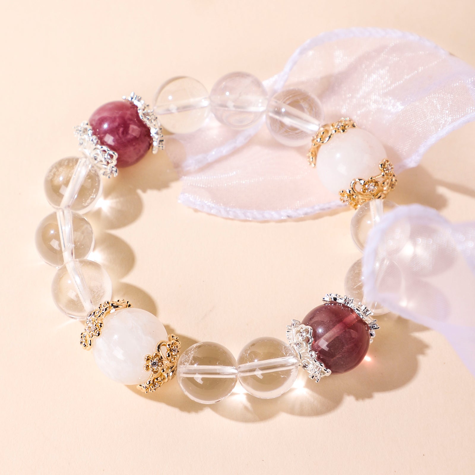 Minimalist crystal two dark red beads and a white bead bracelet