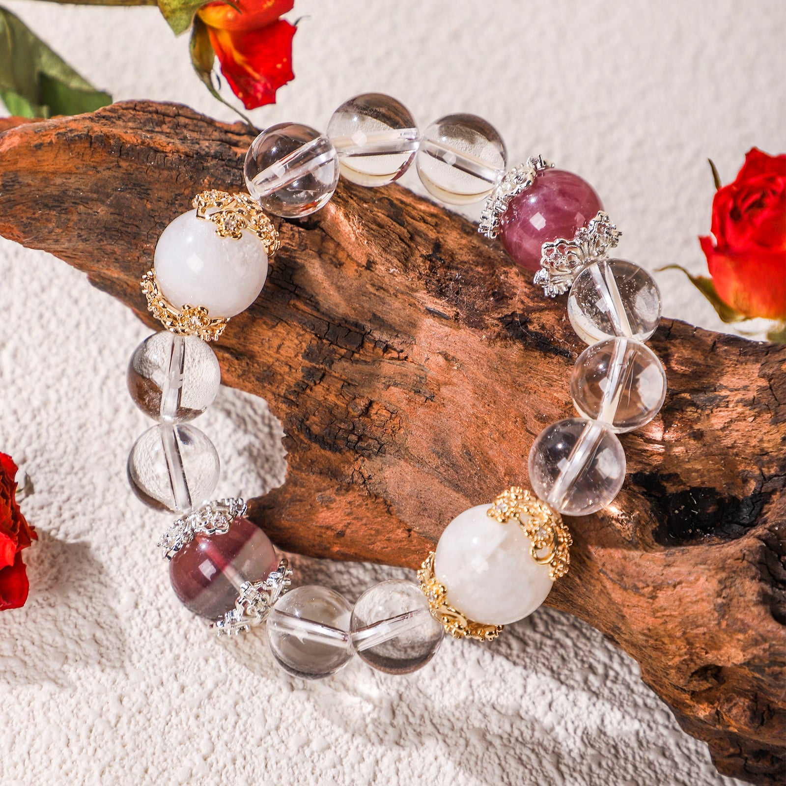 Minimalist crystal two dark red beads and a white bead bracelet