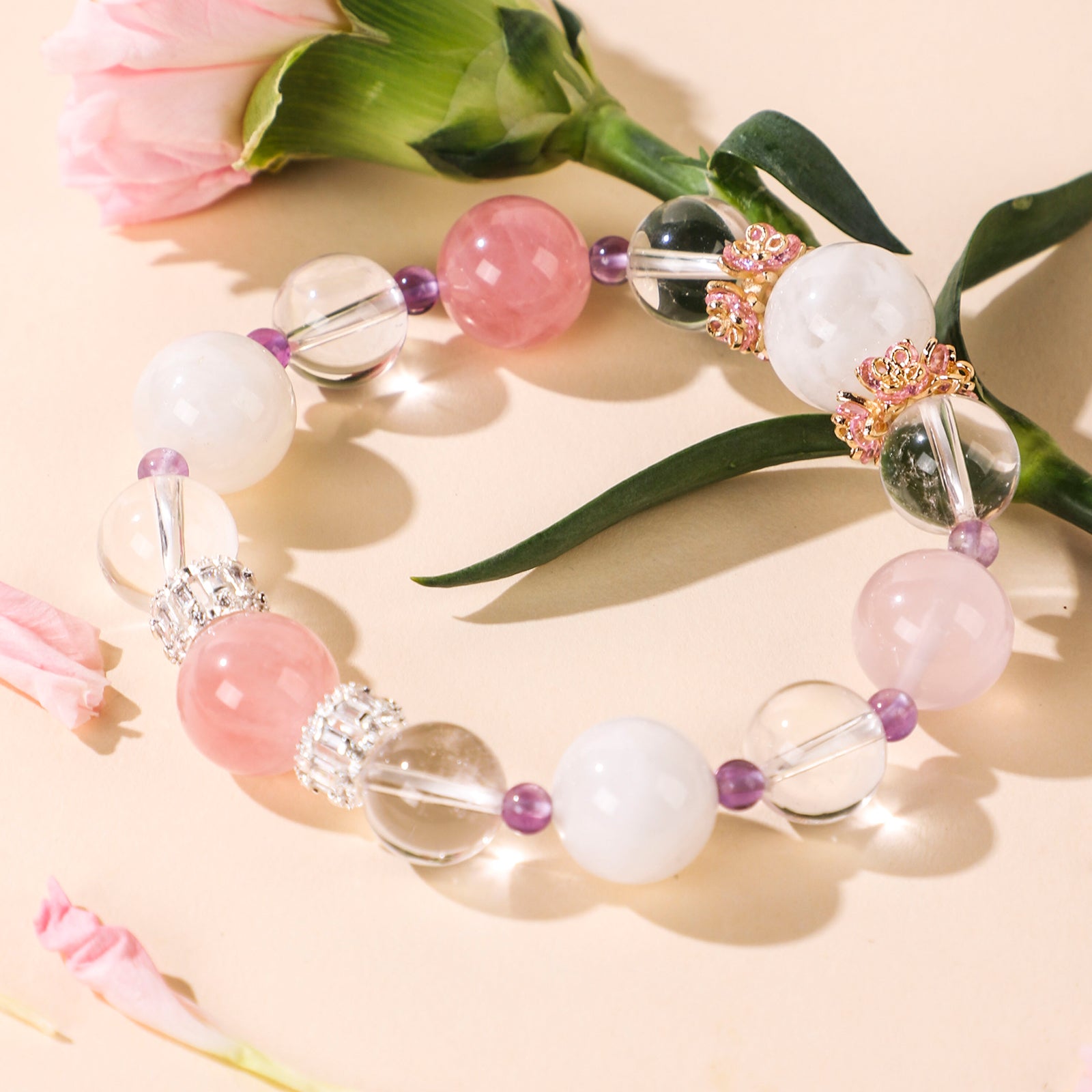 Minimalist three-bead pink crystal bracelet