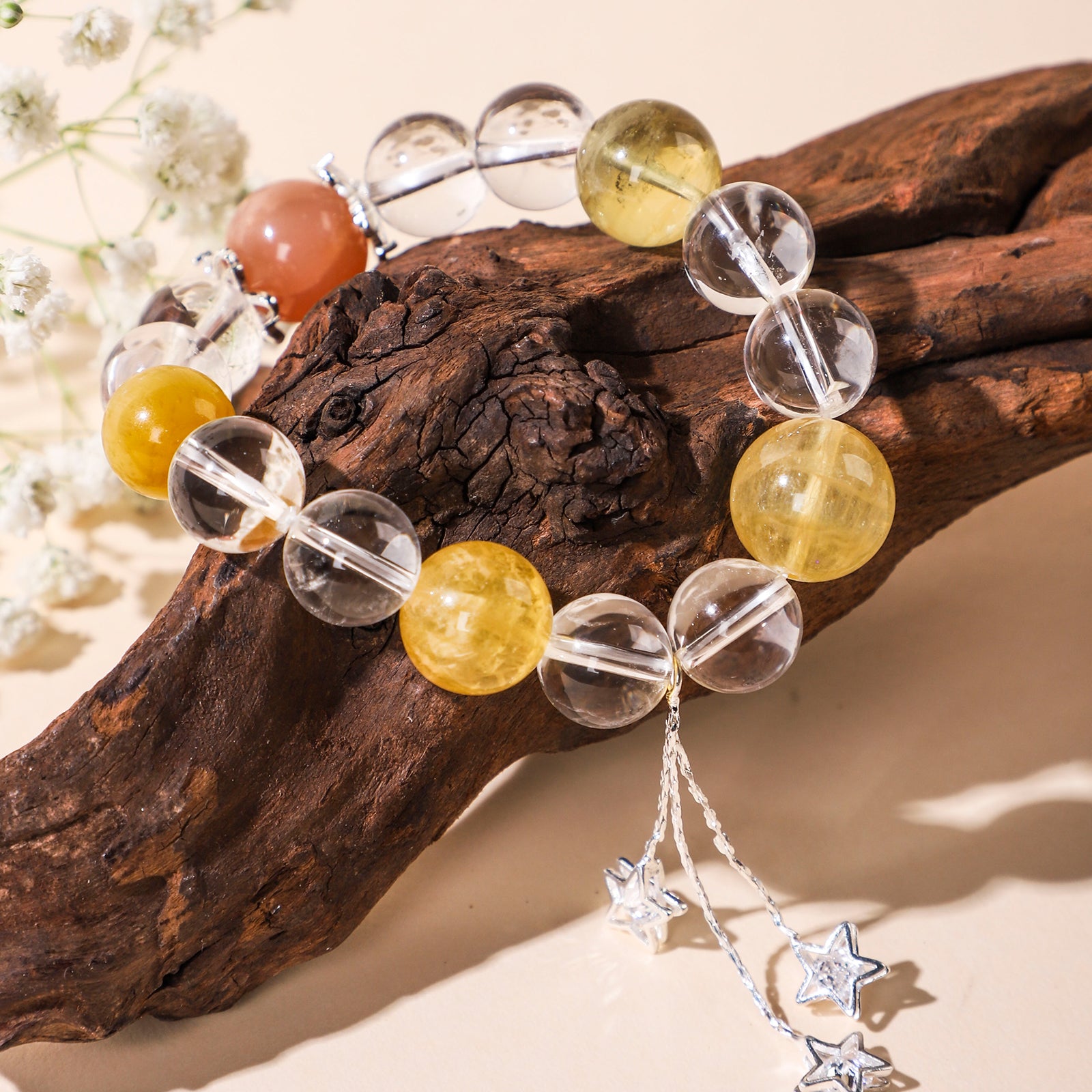 Yellow bead and star crystal bracelet with star charm