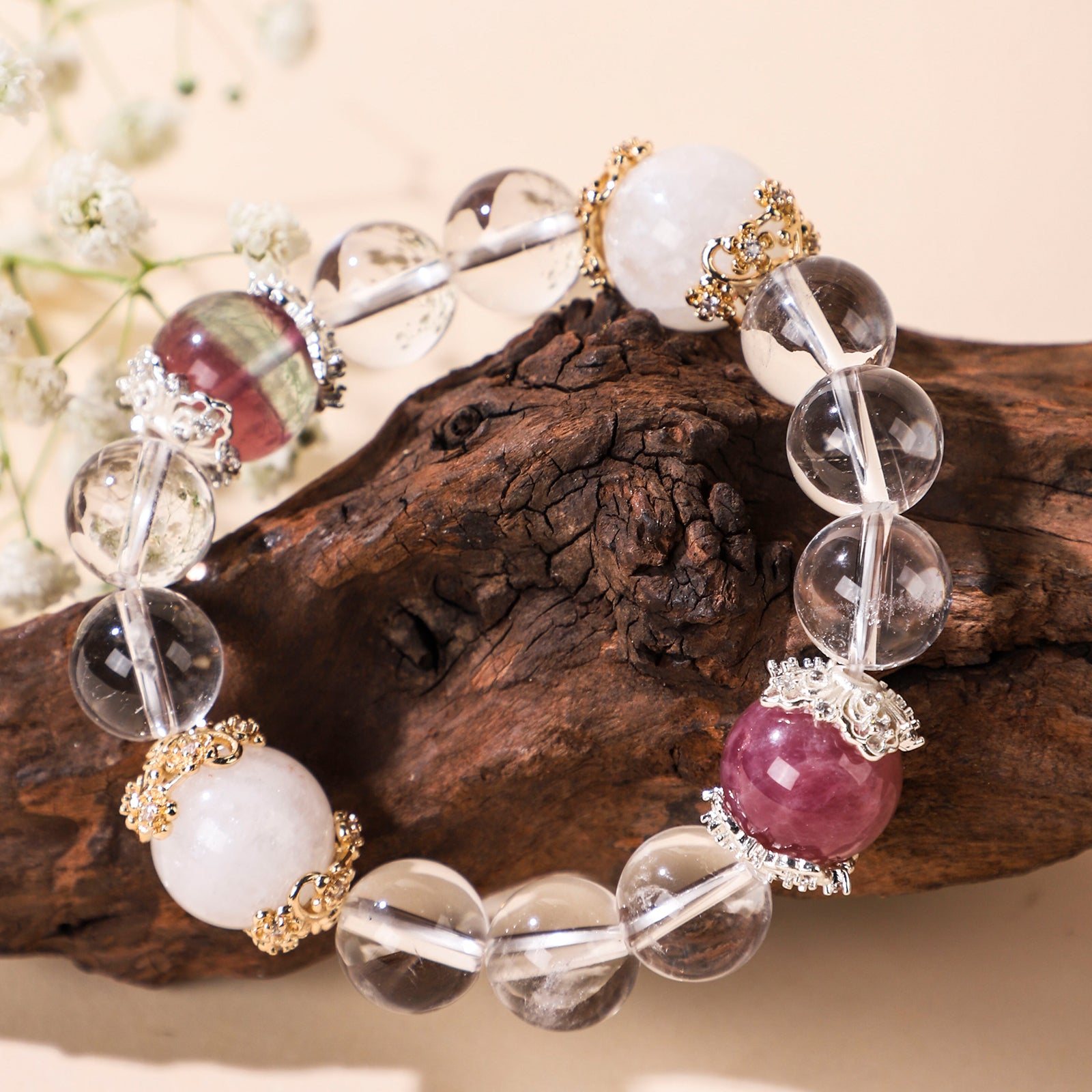Minimalist crystal two dark red beads and a white bead bracelet